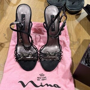 Nina Black Strappy Heels with Crystal Accents